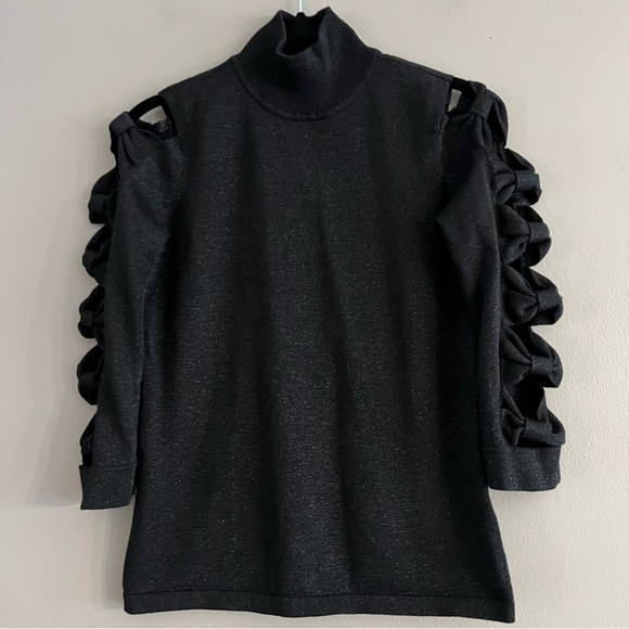 CeCe Sweater Bowtie Cutout Sleeve Mock Neck Ribbon Metallic Black Sz XS - Picture 1 of 11